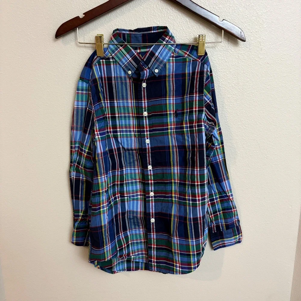 Ralph Lauren Plaid Button Down Shirt Size M 10-12 Natural Stretch Preppy Kids